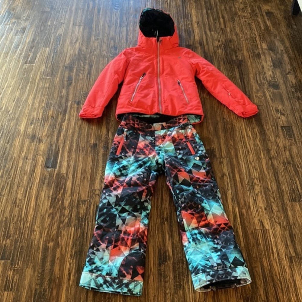 Obermeyer Bright Red Jacket with Multicolor Geometric Snow Pants